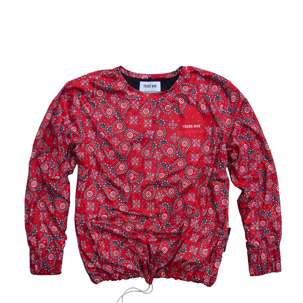 Paisley Crewneck YOUNG WAR Luxury Fashion Top Red with drawstrings Front View