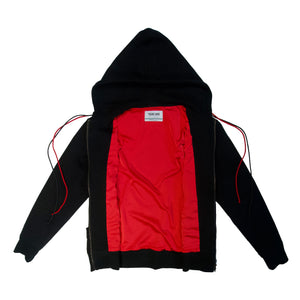 Black classic hoodie neck luxury fashion Cotton hoodie front view red lace and red slick lining zip open 