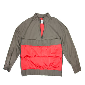 Mens luxury fashion grey track jacket front view red lace and red slick lining front view zips open