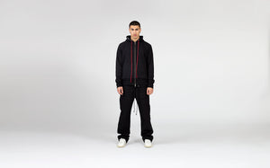 Male model in Black pants and classic hoodie neck luxury fashion Cotton hoodie front view red lace and red slick lining front view